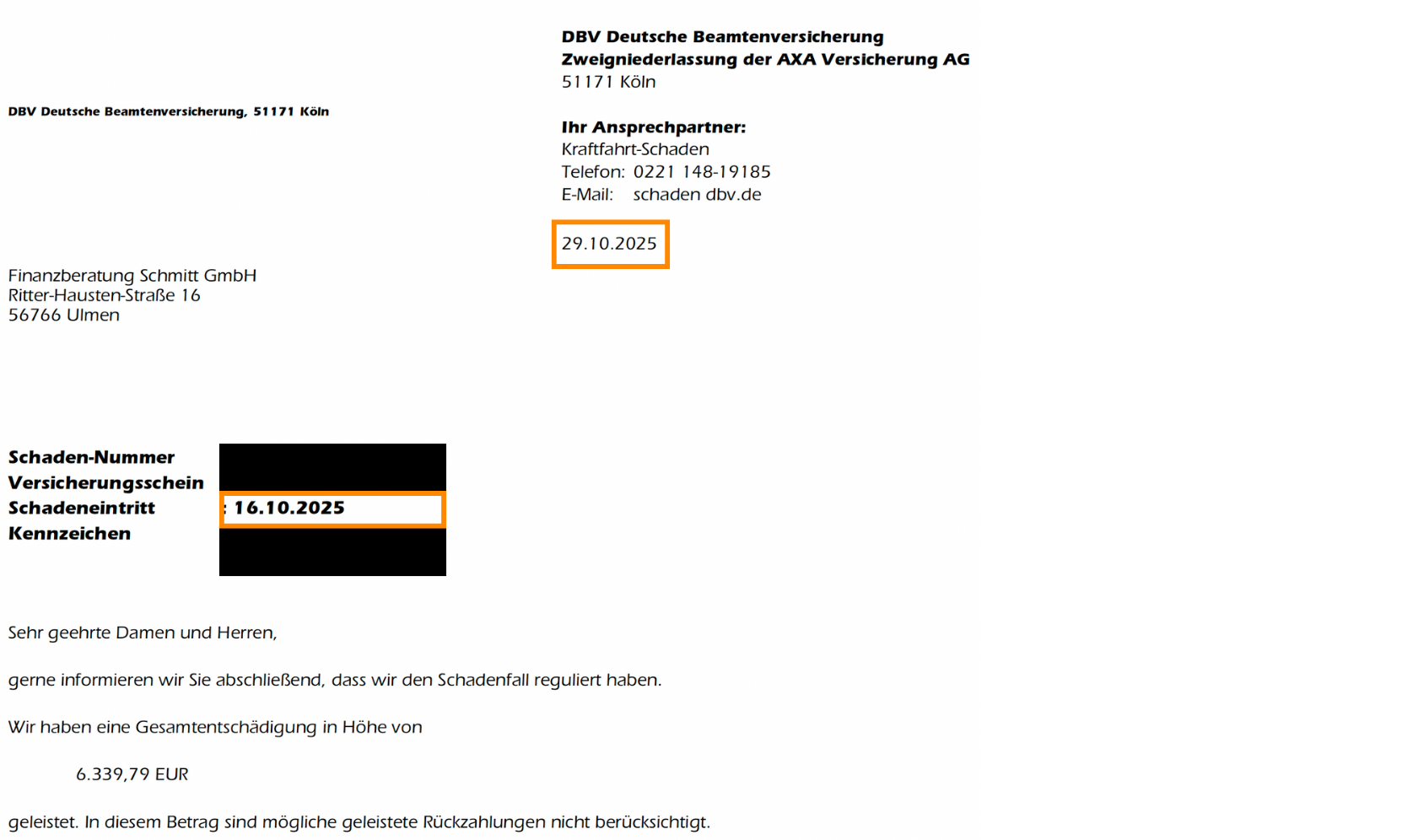 Schadenfälle aus der Praxis - KFZ-Versicherung Axa DBV